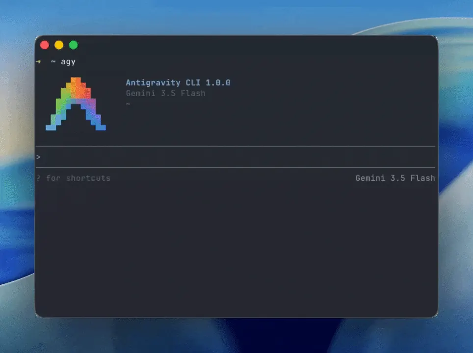 Official Antigravity CLI repository demo frame showing the command prompt before an agent task