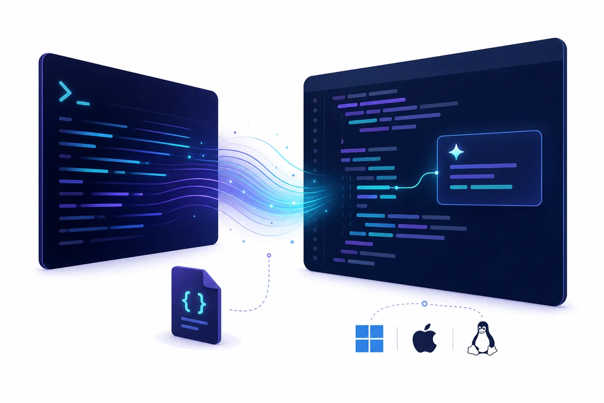 Editorial illustration of a terminal workflow connecting to an AI coding workspace