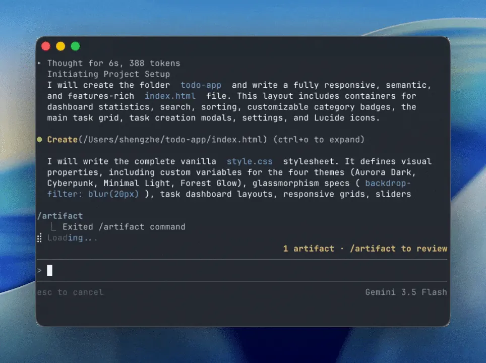 Official Antigravity CLI repository demo frame showing agent output in a terminal