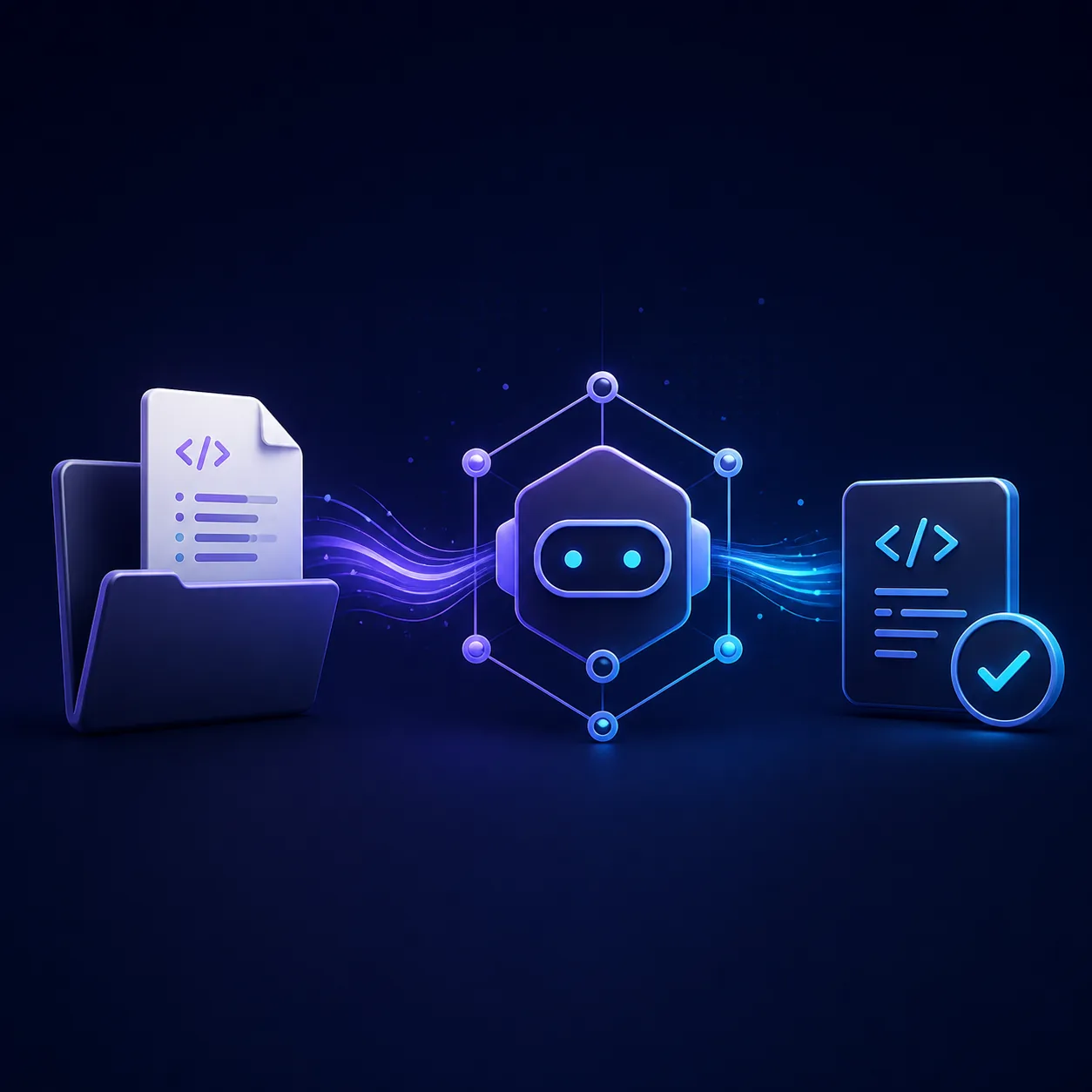 Editorial illustration of a skill file flowing into an AI agent workflow and a verified result