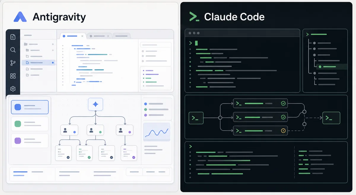 Editorial comparison graphic for Google Antigravity vs Claude Code