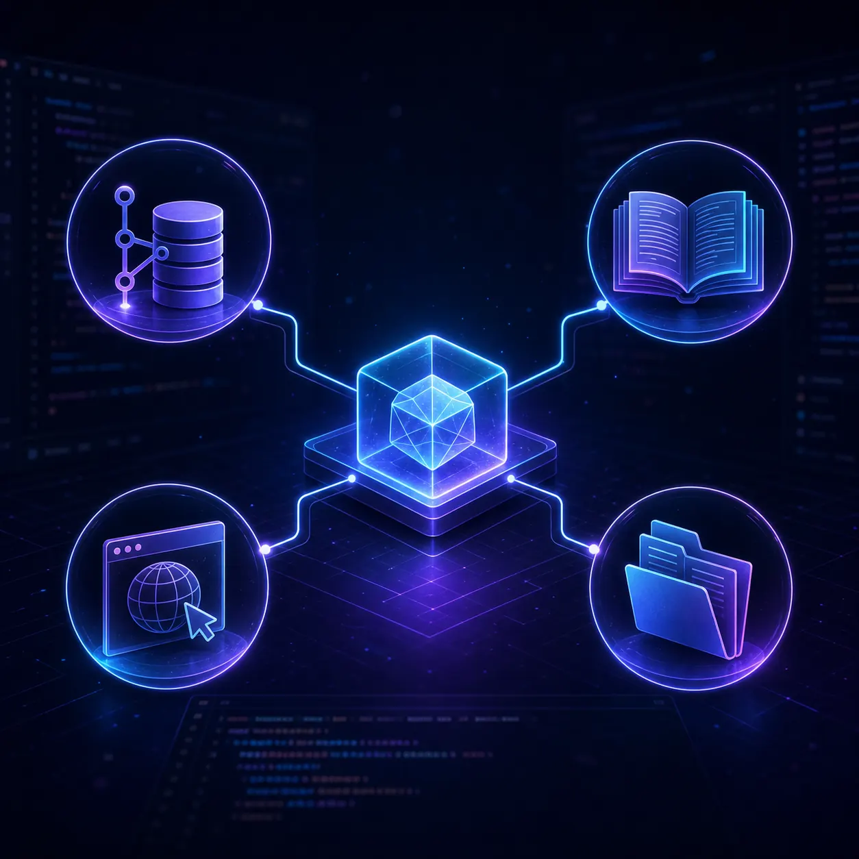 Concept illustration of an Antigravity workspace connected to repository, documentation, browser, and local-file tools