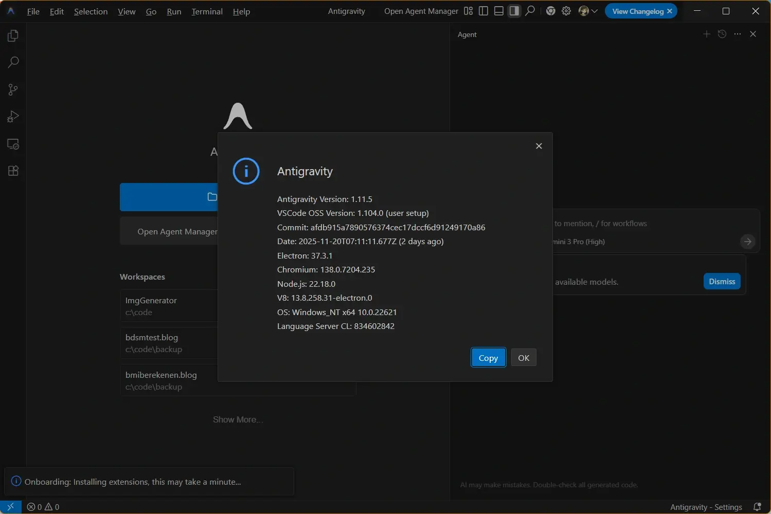 Google Antigravity vs Cursor - About dialog showing IDE version