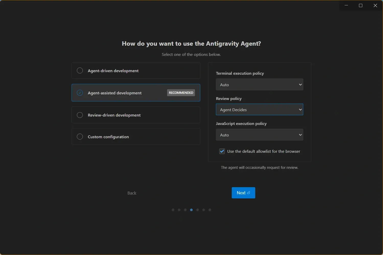 Antigravity setup options used when updating on Windows